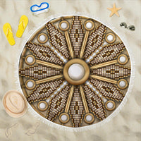 Grey circular beach blanket with gold-and-brown bead mandala and white fringe