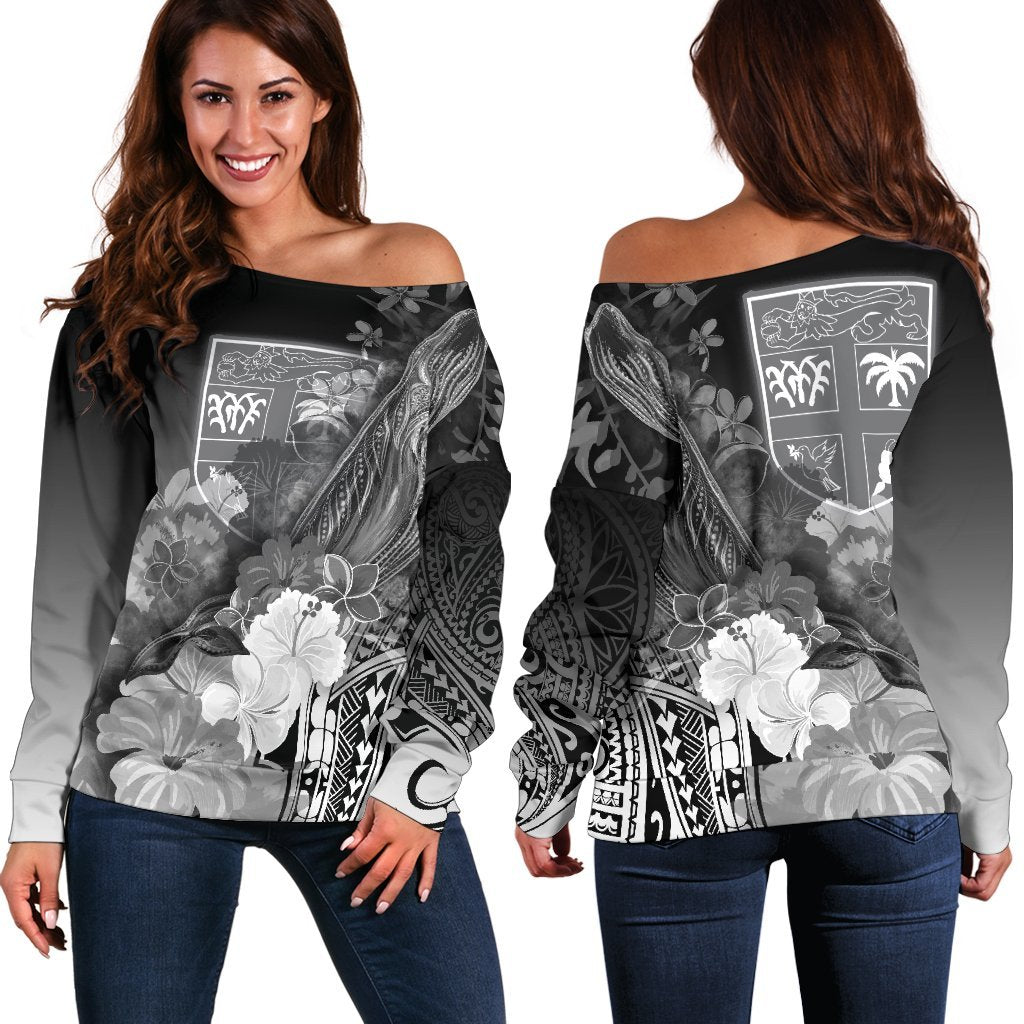 Fiji Women's Off Shoulder Sweater - Humpback Whale with Tropical Flowers (White) - Wonder Print Shop