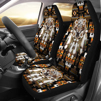 Car seat covers set with multicolor dreamcatcher bear design, feather fringe, black backrests