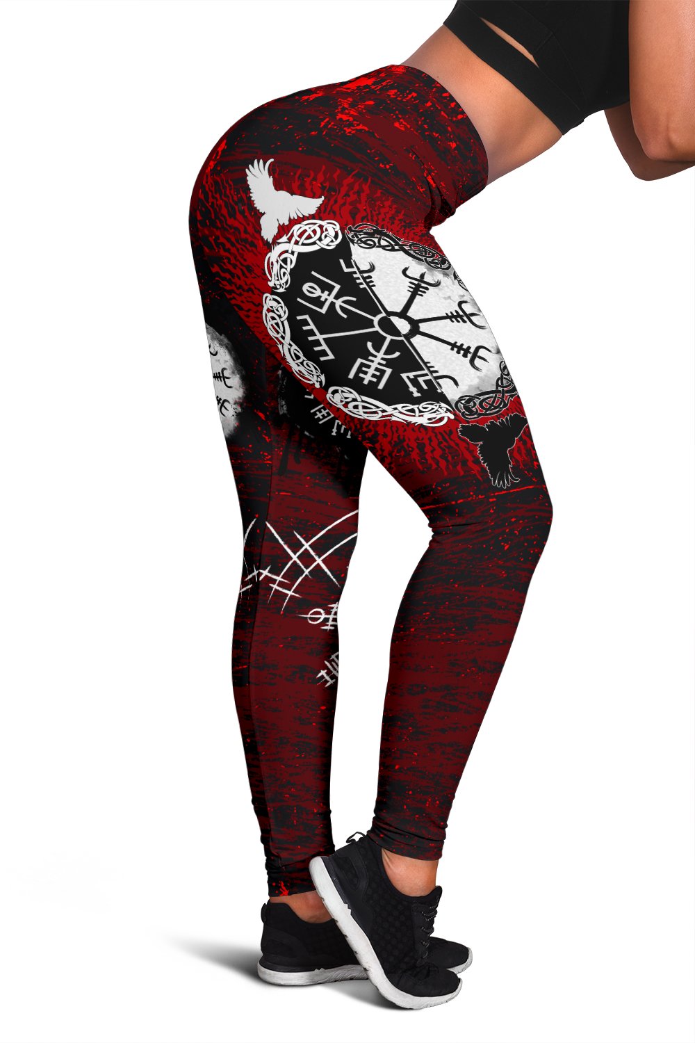 viking-womens-leggings-raven-of-odin-and-symbol-viking-on-blood-background