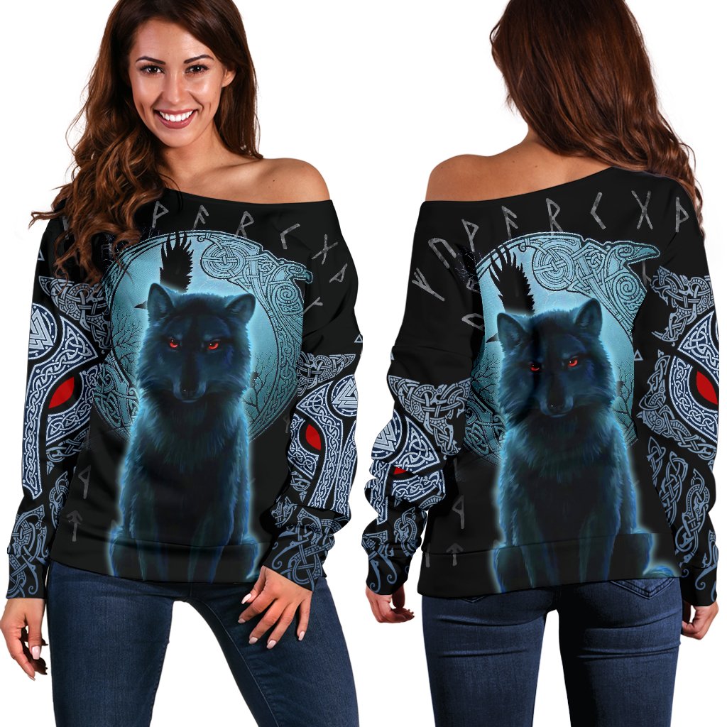Viking Women's Off Shoulder Sweater, Fenrir Viking Wolf and Moon RLT12 - Wonder Print Shop