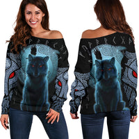 Viking Women's Off Shoulder Sweater, Fenrir Viking Wolf and Moon RLT12 - Wonder Print Shop