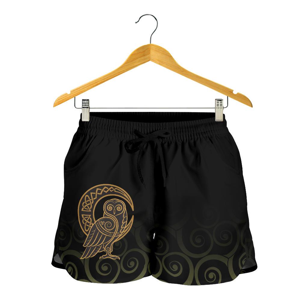 viking-womens-shorts-owl-celtic-on-triskels-background