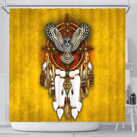 Yellow shower curtain with owl dreamcatcher graphic, multicolor beads