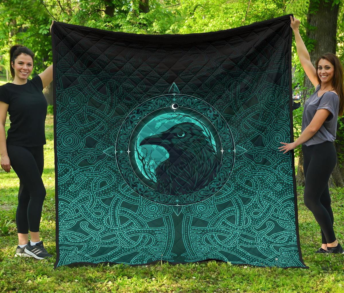 Viking Premium Quilt, Ethnic Odin Raven Cyan RLT12 - Wonder Print Shop