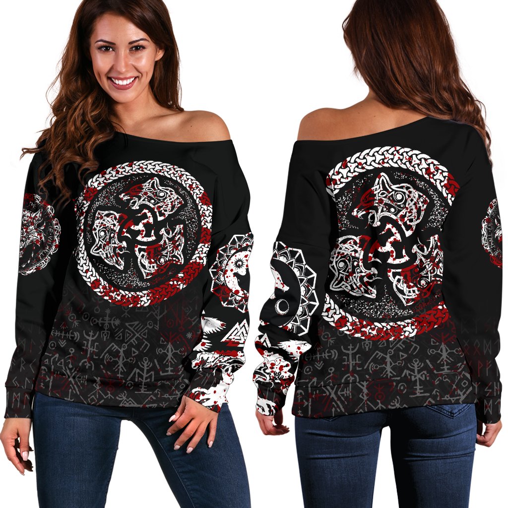 Viking Women's Off Shoulder Sweater - Fierce Blood Wolf Symbol Of A Viking Nordic RLT12 - Wonder Print Shop