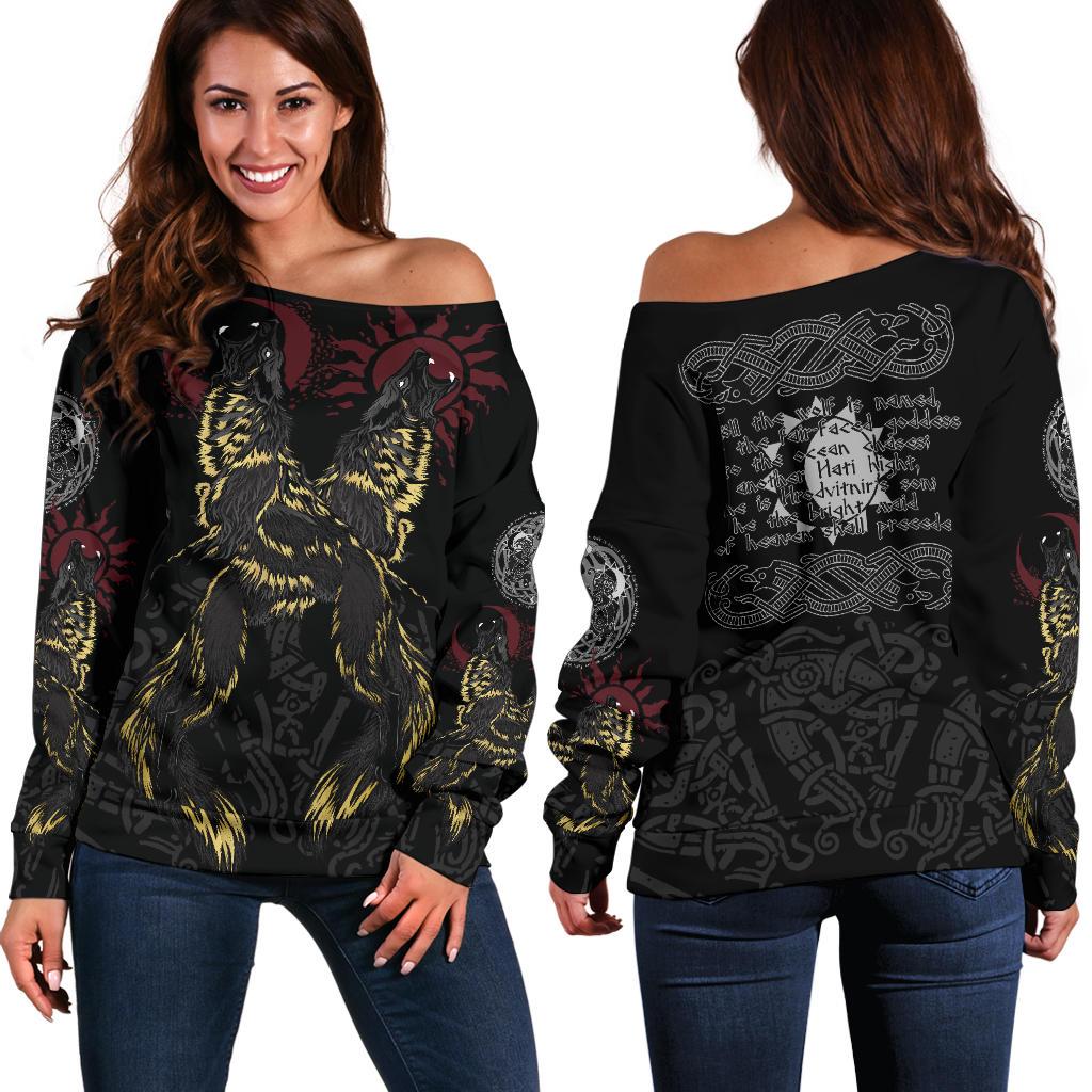 Viking Off Shoulder Sweater The Wolves Skoll and Hati RLT12 - Wonder Print Shop