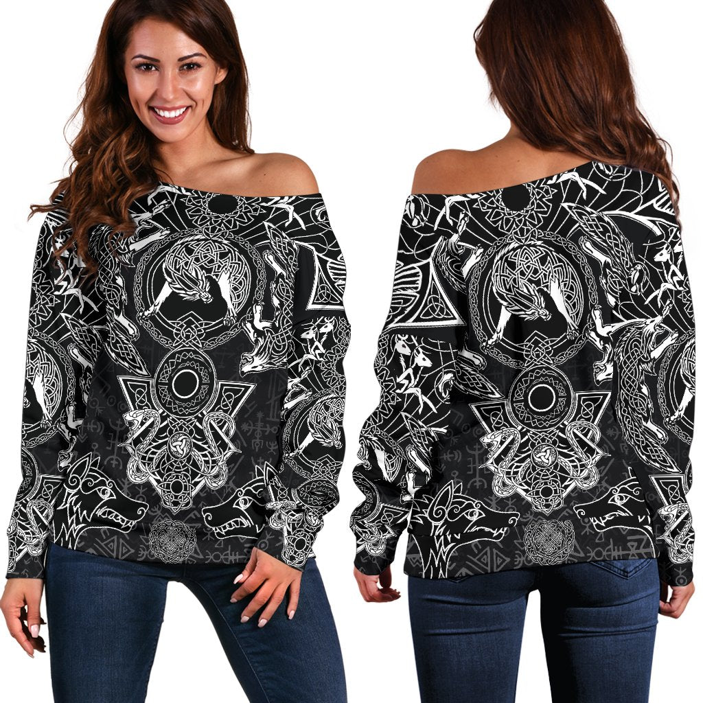 Viking Women's Off Shoulder Sweater - Fenrir and Skoll and Hati RLT12 - Wonder Print Shop