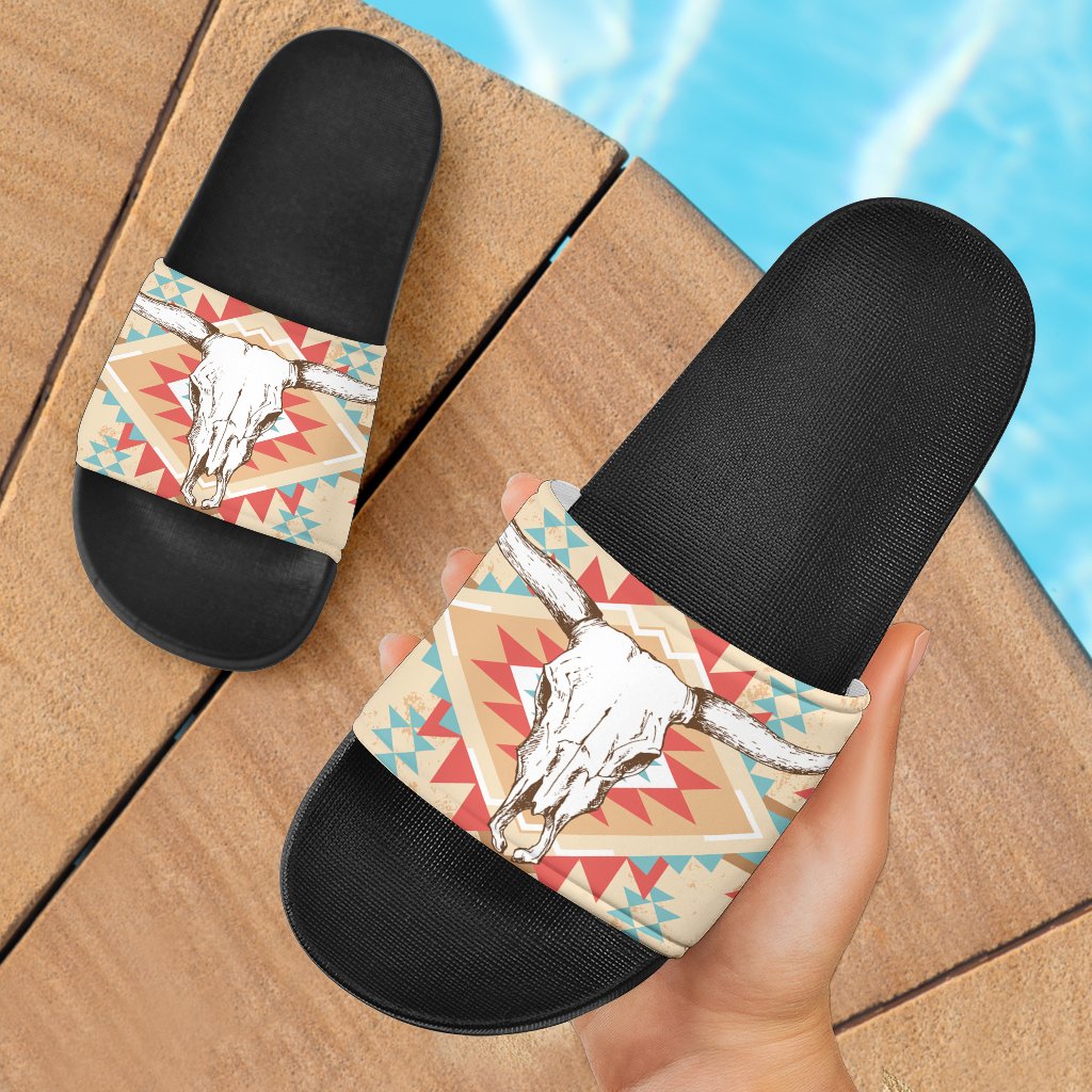 bison-bull-head-pink-red-native-american-slide-sandals