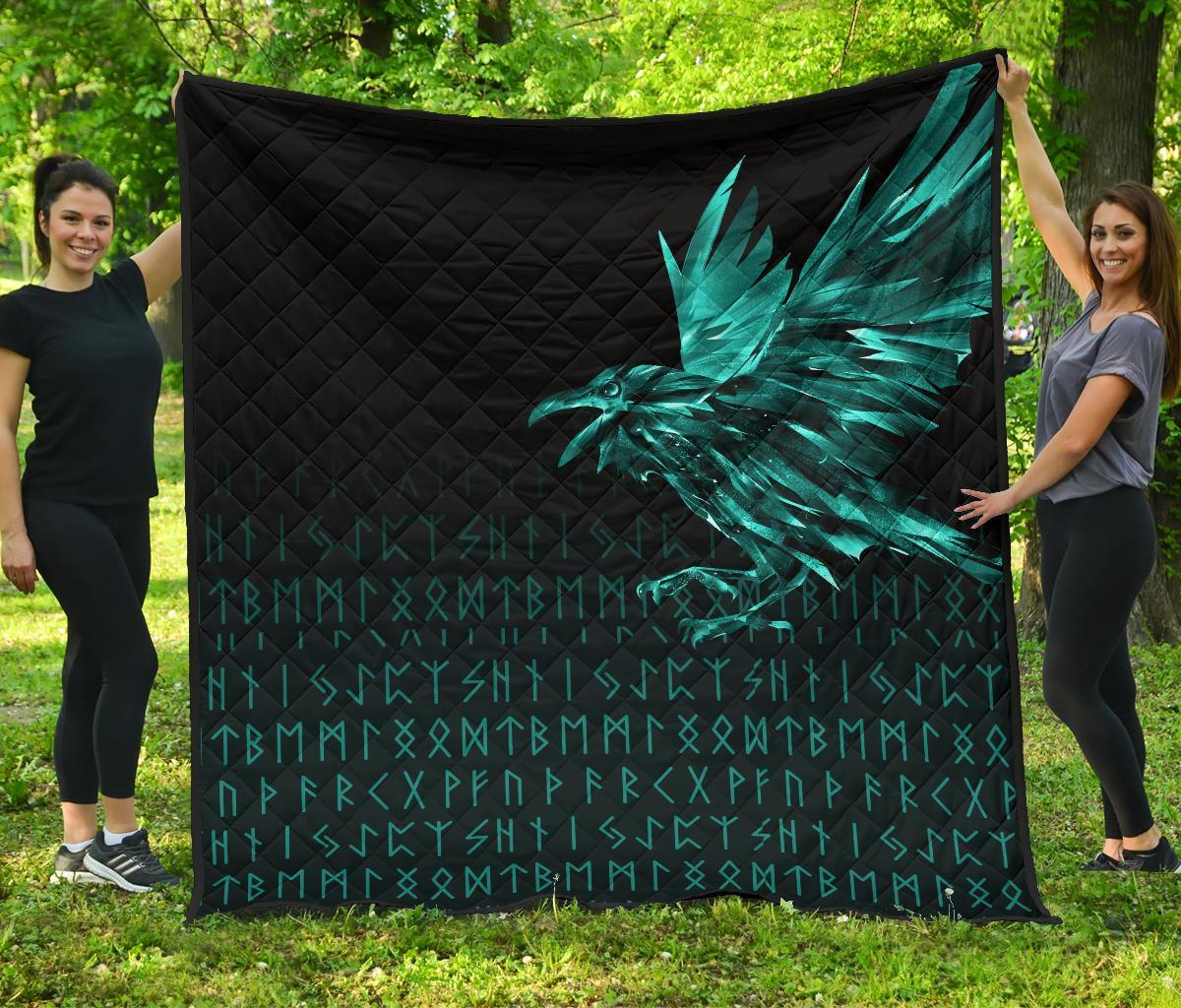 Viking Premium Quilt - The Raven Of Odin Rune Cyan RLT12 - Wonder Print Shop