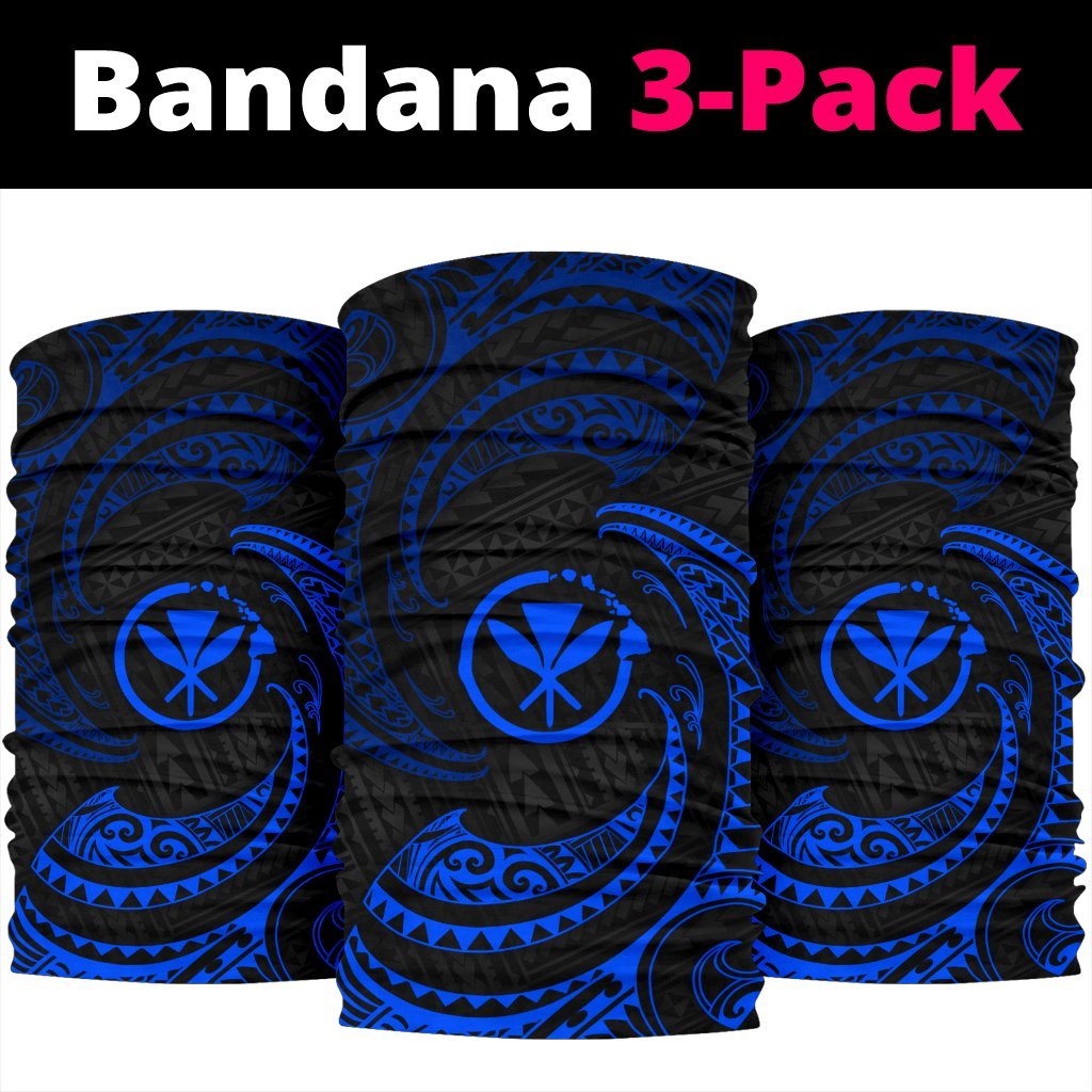 Bandana 3-pack: three blue tribal wave covers with black swirls and sun emblem