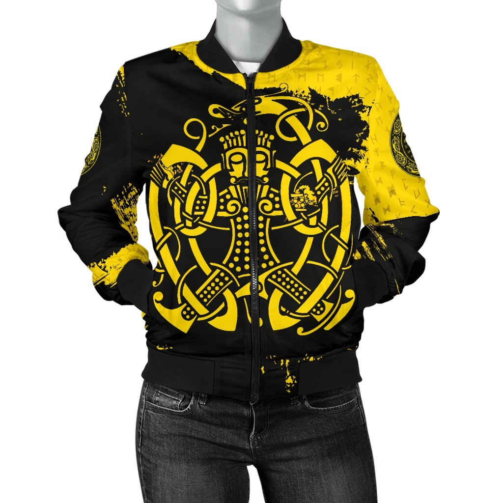 Viking Womens Bomber Jacket, Loki Bound Triskele Rune Gold RLT12 - Wonder Print Shop
