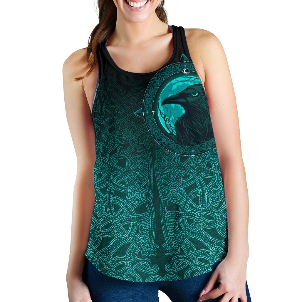 Viking Women's Racerback Tank, Ethnic Odin Raven Cyan RLT12 - Wonder Print Shop