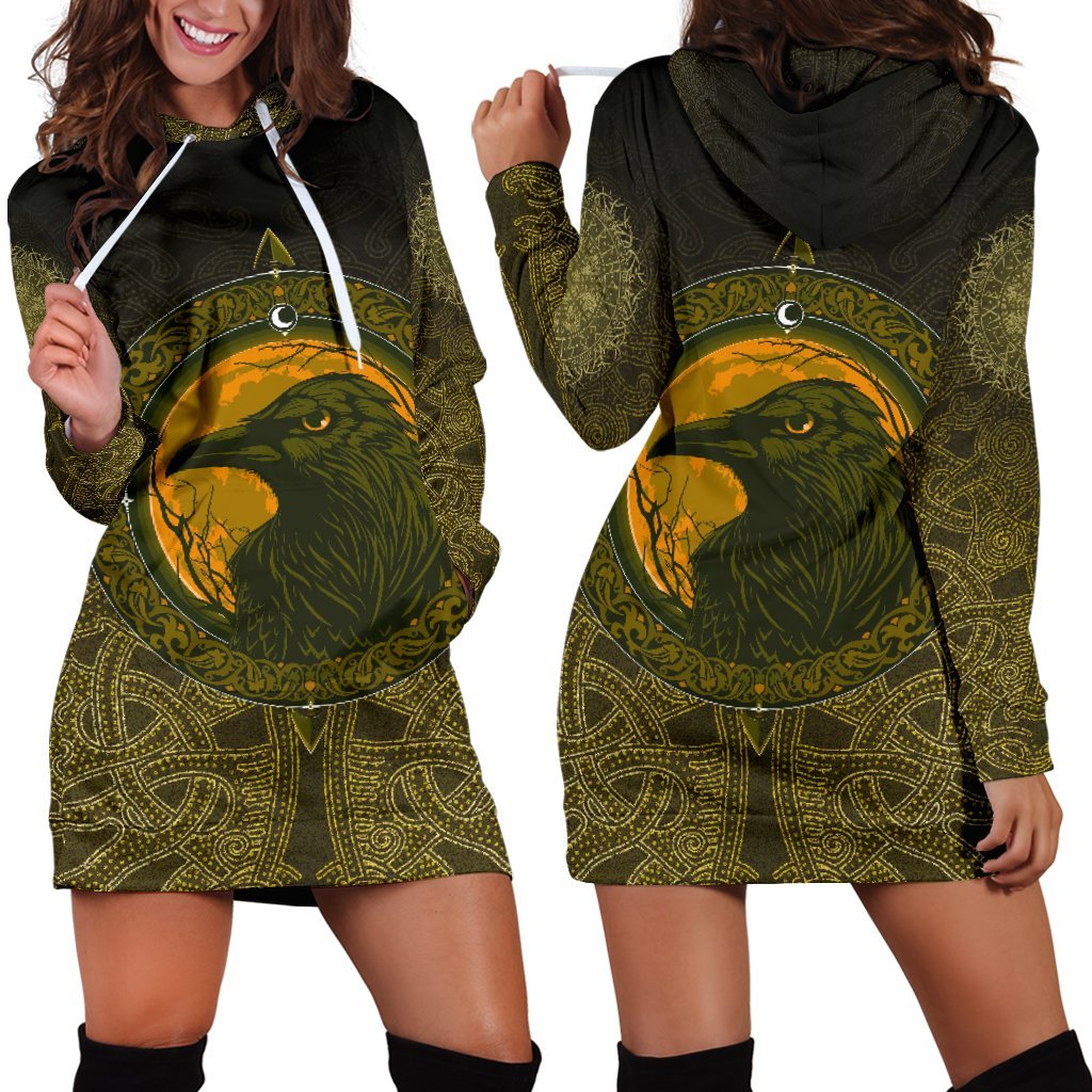 Viking Hoodie Dress, Ethnic Odin Raven Gold RLT12 - Wonder Print Shop