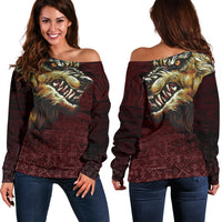 Viking Women's Off Shoulder Sweater - Fenrir On The Blood Moon Background RLT12 - Wonder Print Shop