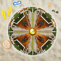 Round beach blanket with green & brown mandala design and white fringe edging