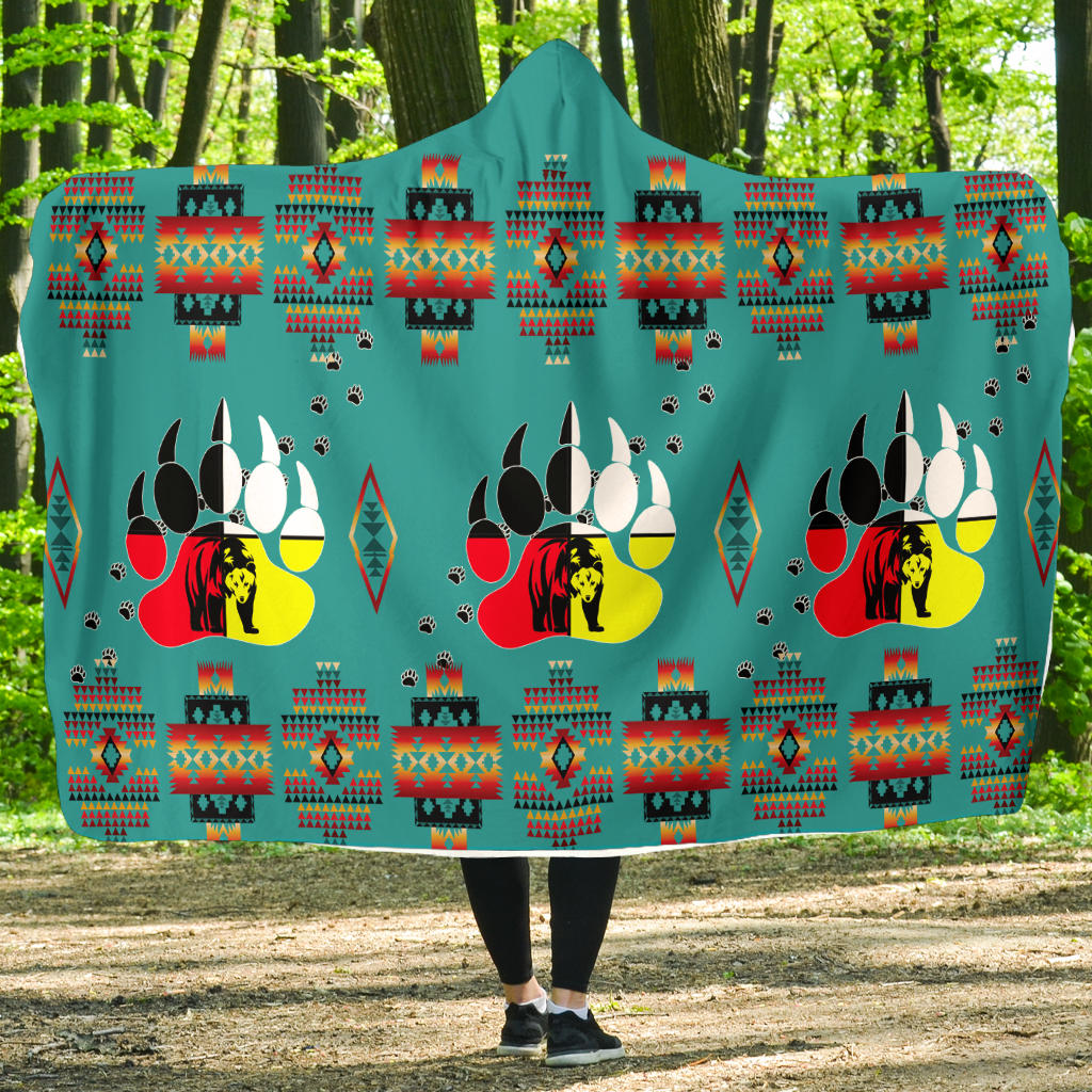 native-american-bear-foot-pattern-turquoise-hooded-blanket