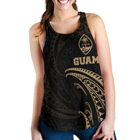 Black racerback tank with gold Guam tribal wave graphic and crest