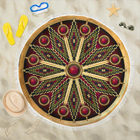 Round mandala beach blanket, dark maroon with multicolor bead-like geometric rays