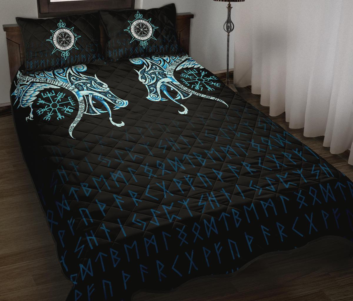Viking Quilt Bed Set, Fenrir Raven and Vegvisir Tattoo Cyan RLT12 - Wonder Print Shop