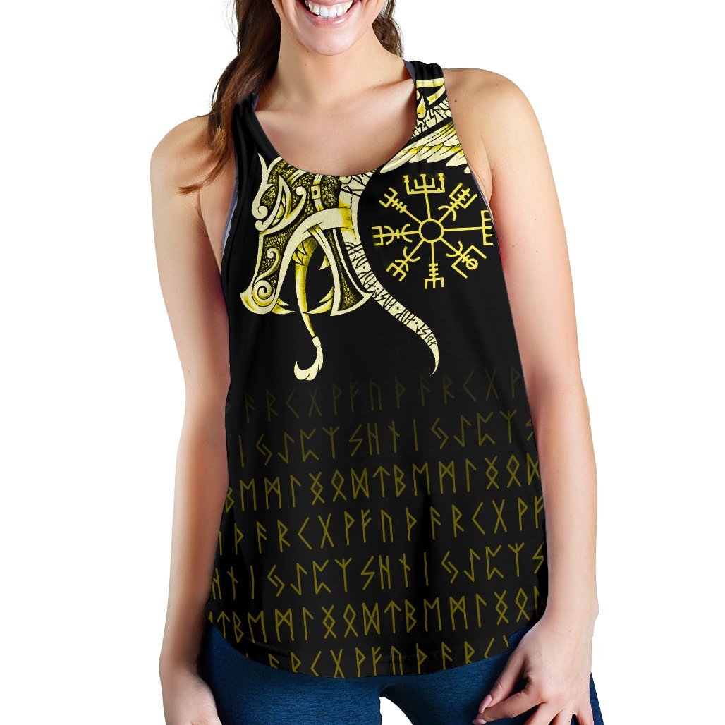 Viking Women's Racerback Tank, Fenrir Raven and Vegvisir Tattoo Yellow RLT12 - Wonder Print Shop