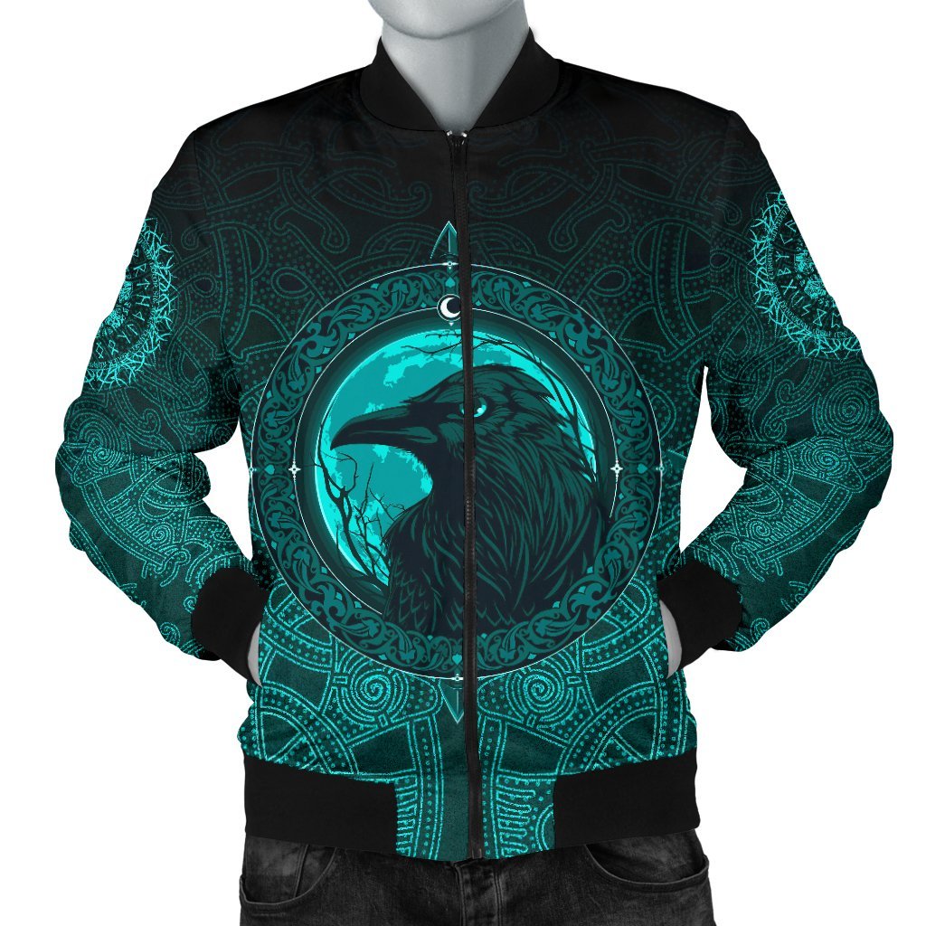 Viking Men's Bomber Jacket, Ethnic Odin Raven Cyan RLT12 - Wonder Print Shop