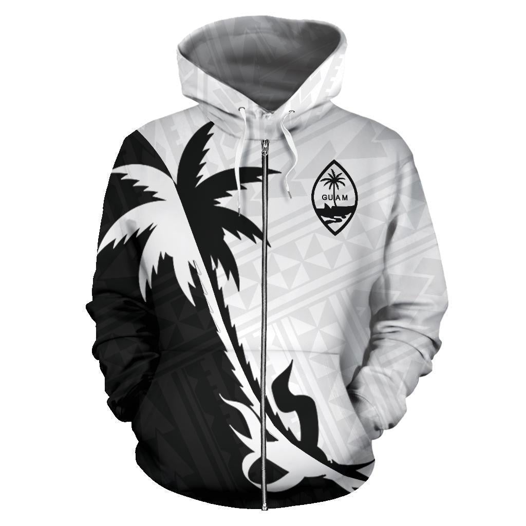 Guam Zip Up Hoodie Guam Coat of Arms Coconut Tree Black White - Wonder Print Shop