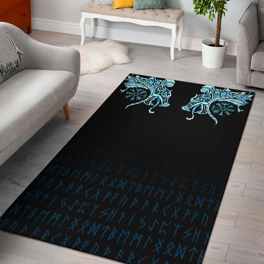 Viking Area Rug, Fenrir Raven and Vegvisir Tattoo Cyan RLT12 - Wonder Print Shop