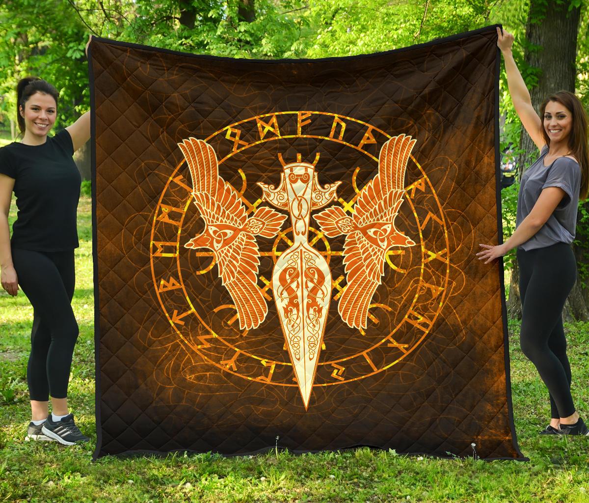Viking Premium Quilt Gold Spear Of The God Odin - Gungnir and Two Gold Ravens RLT12 - Wonder Print Shop