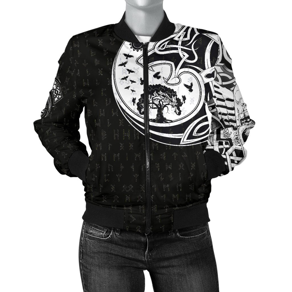 Viking Women's Bomber Jacket, Skoll and Hati Rune Tattoo RLT12 - Wonder Print Shop