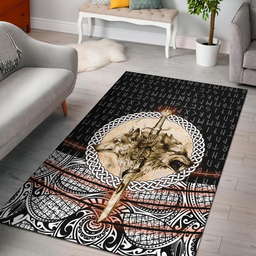 Viking Area Rug Wolf and Vikings Tattoo 3D RLT12 - Wonder Print Shop