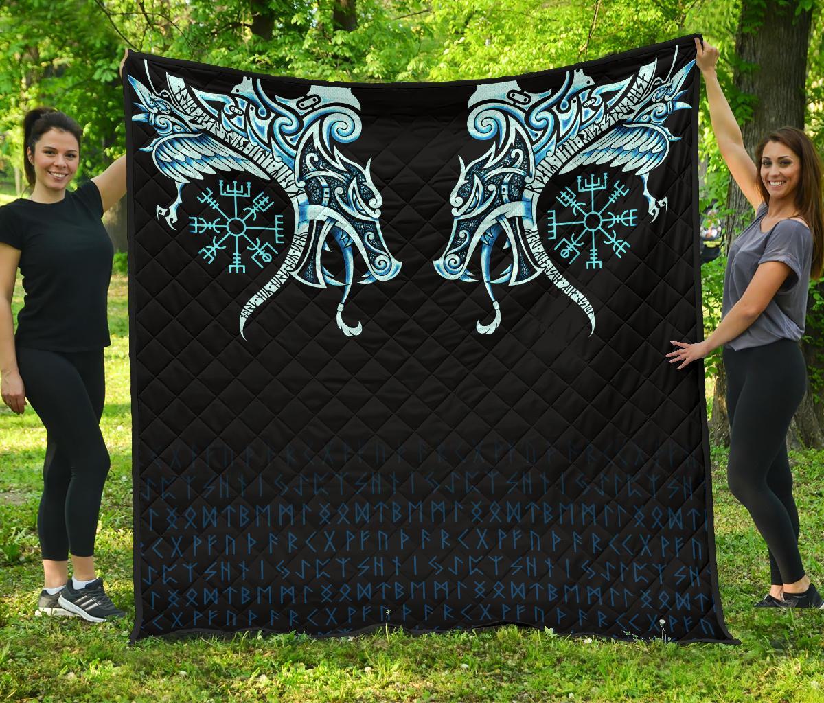 Viking Premium Quilt, Fenrir Raven and Vegvisir Tattoo Cyan RLT12 - Wonder Print Shop