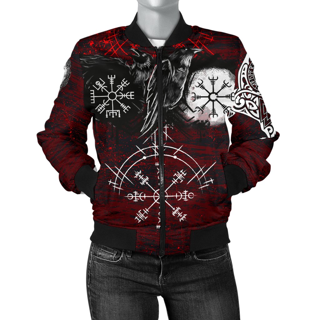 Viking Women's Bomber Jacket Raven Of Odin and Symbol Viking On Blood Background RLT12 - Wonder Print Shop