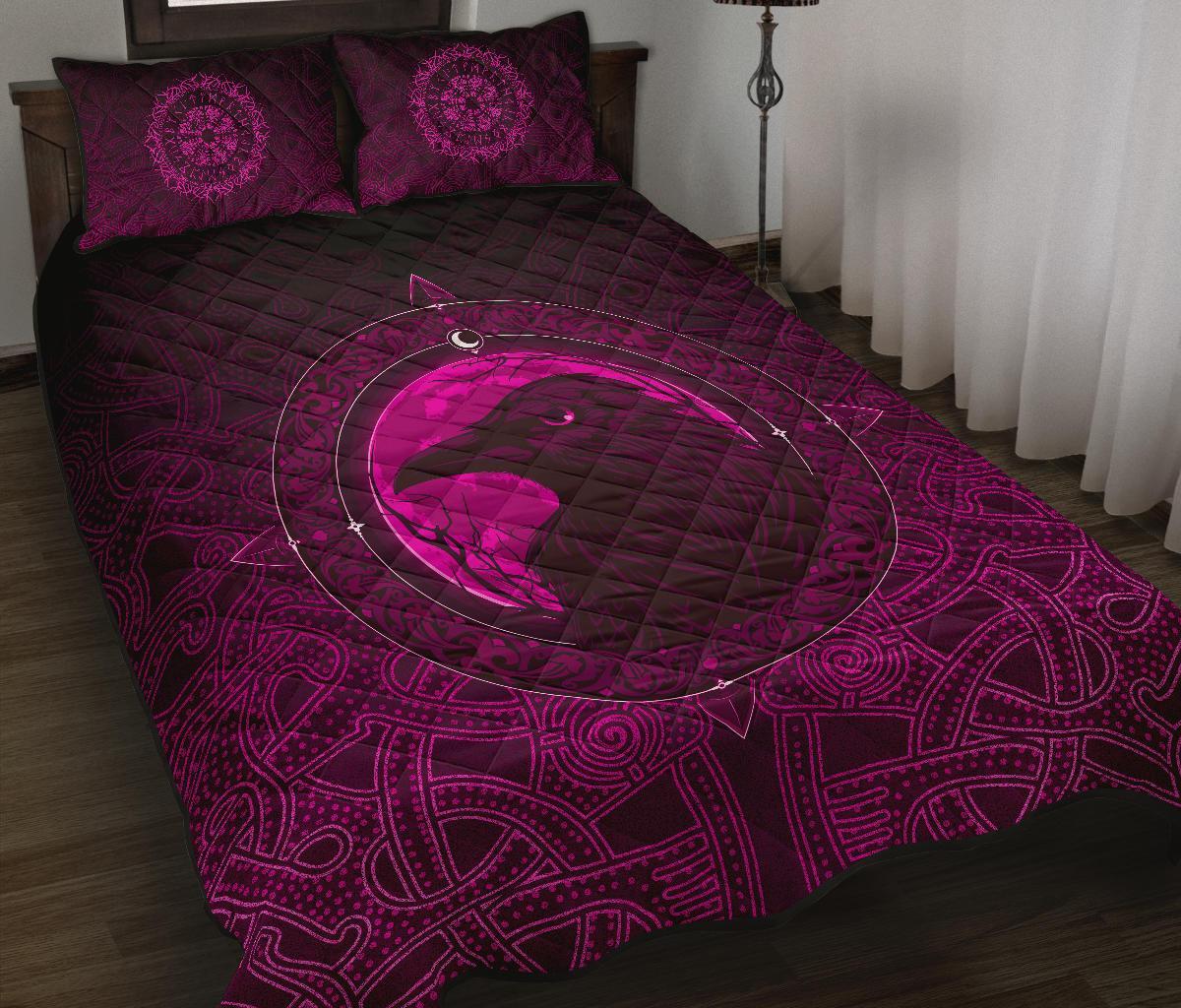 Viking Quilt Bed Set, Ethnic Odin Raven Pink RLT12 - Wonder Print Shop