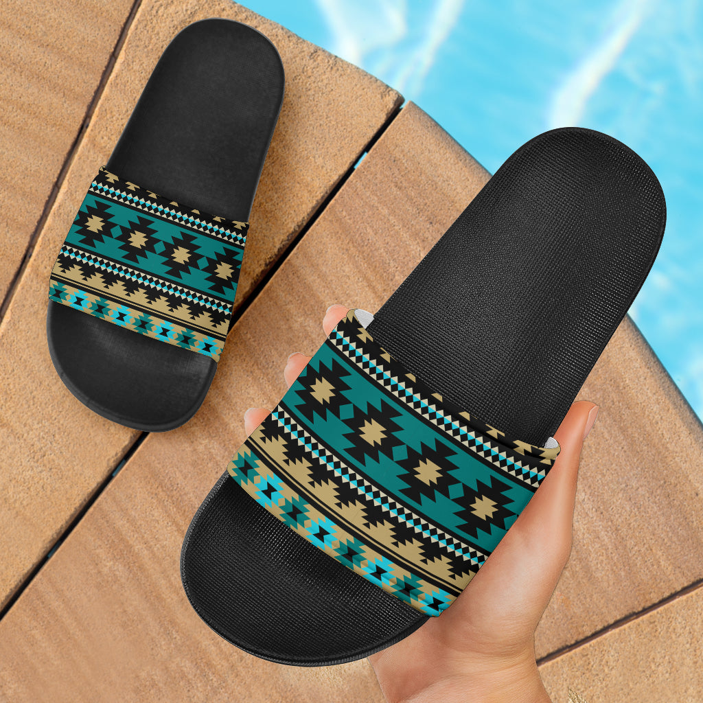 green-ethnic-aztec-slide-sandals