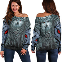 Viking Women's Off Shoulder Sweater, Spiral Wolf Spirit RLT12 - Wonder Print Shop