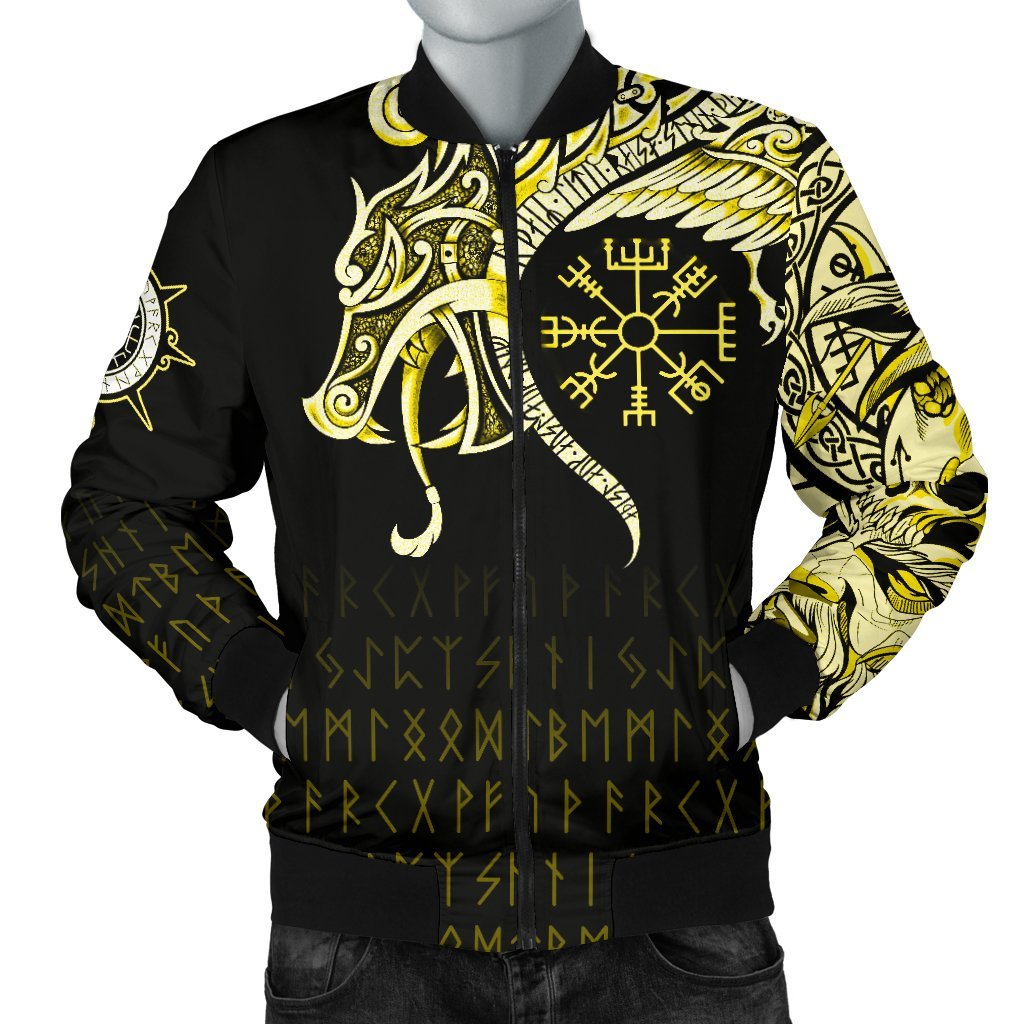 Viking Men's Bomber Jacket, Fenrir Raven and Vegvisir Tattoo Yellow RLT12 - Wonder Print Shop