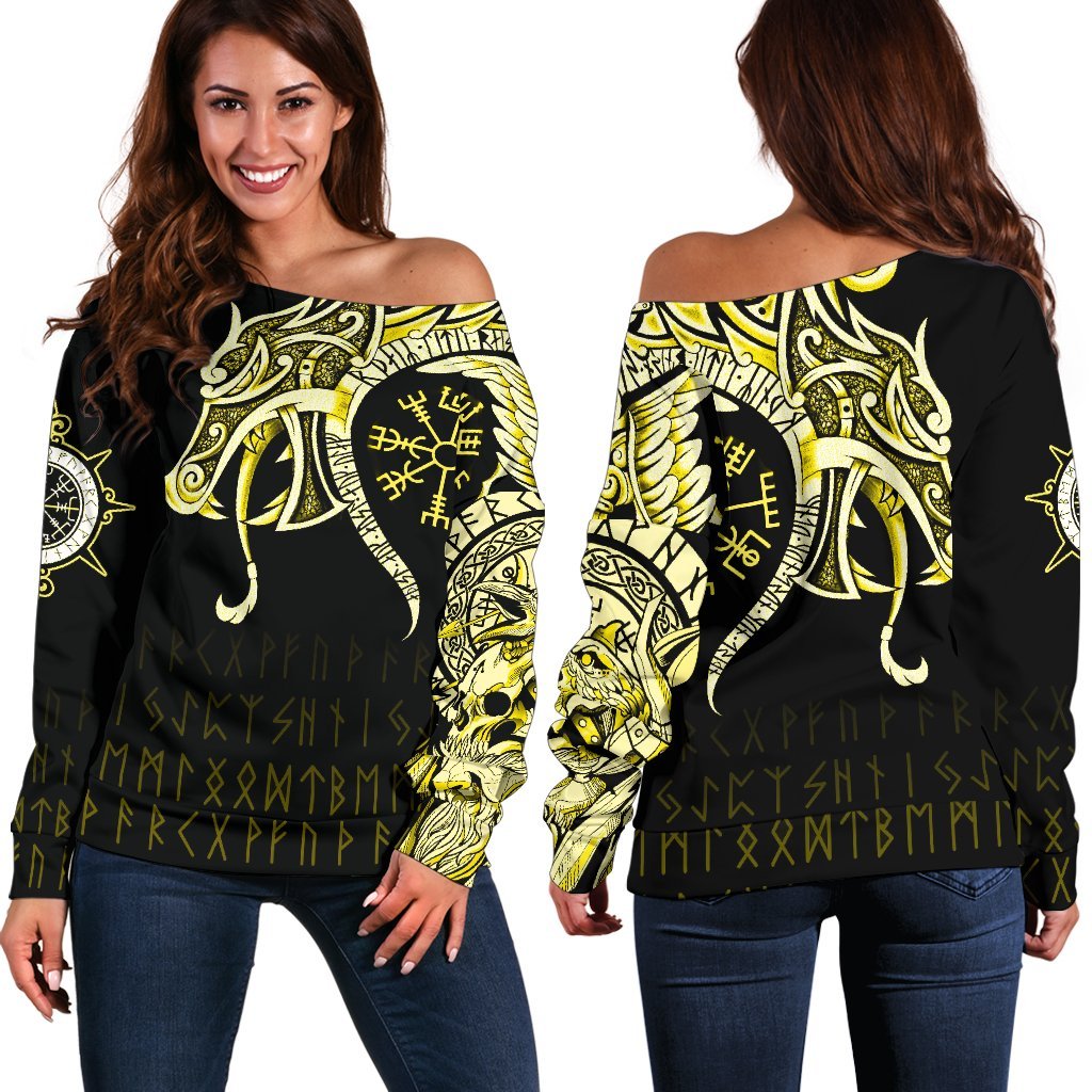 Viking Off Shoulder Sweater, Fenrir Raven and Vegvisir Tattoo Yellow RLT12 - Wonder Print Shop