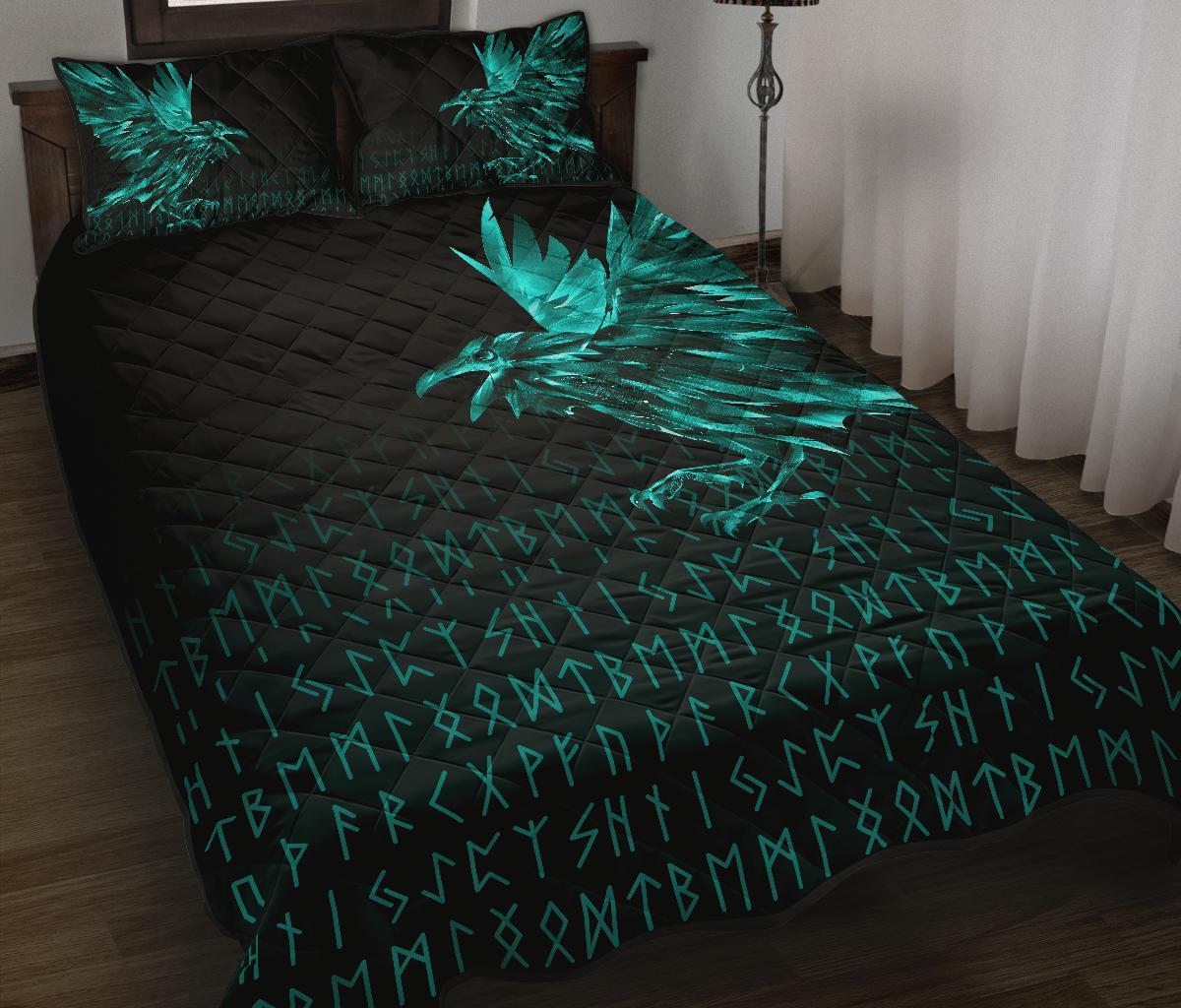 Viking Quilt Bed Set - The Raven Of Odin Rune Cyan RLT12 - Wonder Print Shop