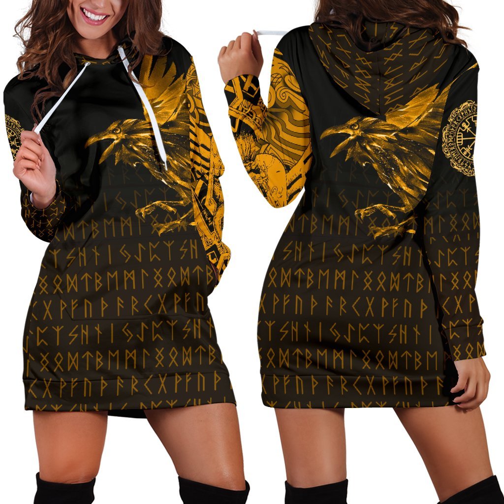 Viking Hoodie Dress The Raven Of Odin Rune, Gold RLT12 - Wonder Print Shop