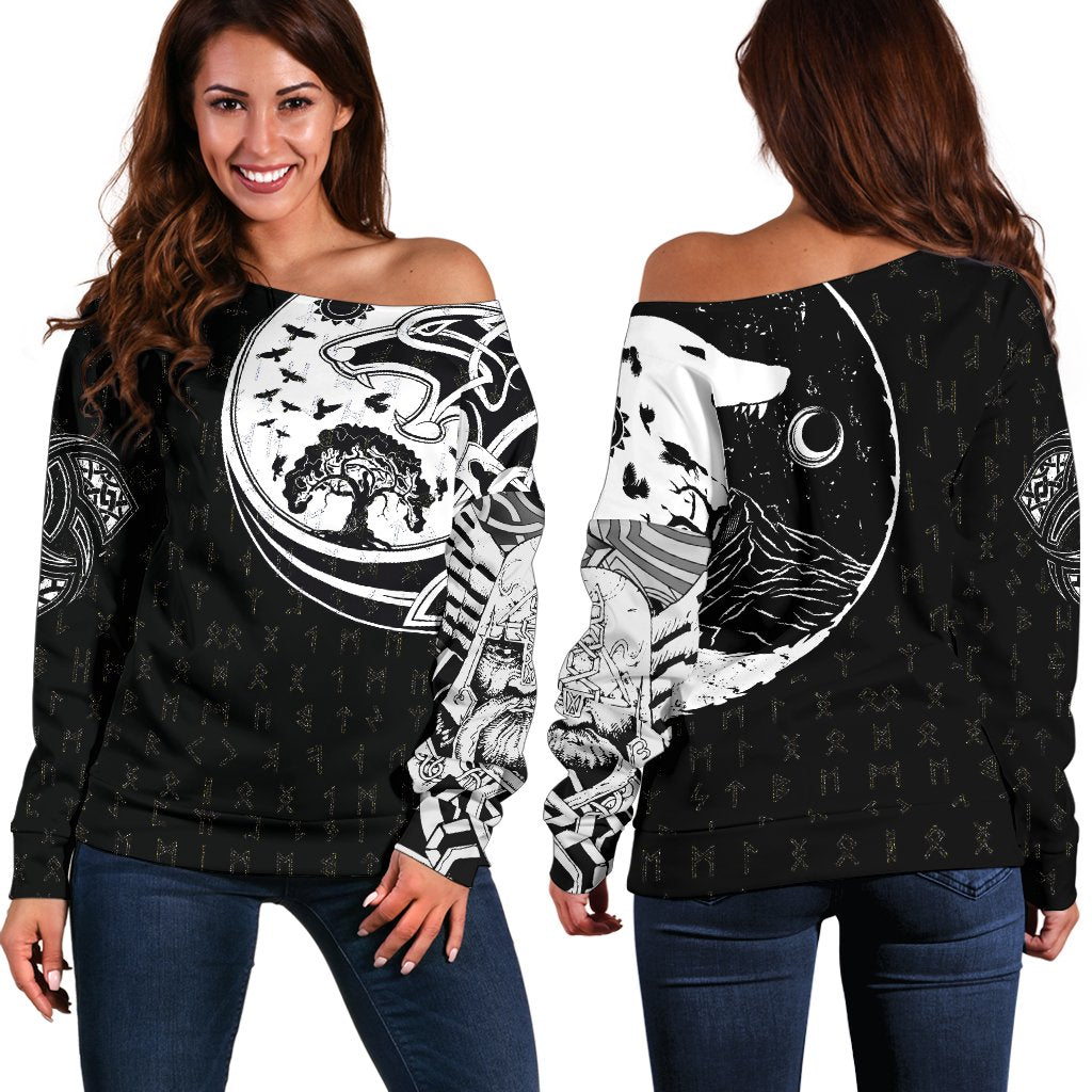 Viking Women's Off Shoulder Sweater, Skoll and Hati Rune Tattoo RLT12 - Wonder Print Shop