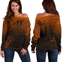 Viking Women's Off Shoulder Sweater, Skoll and Hati Orange RLT12 - Wonder Print Shop