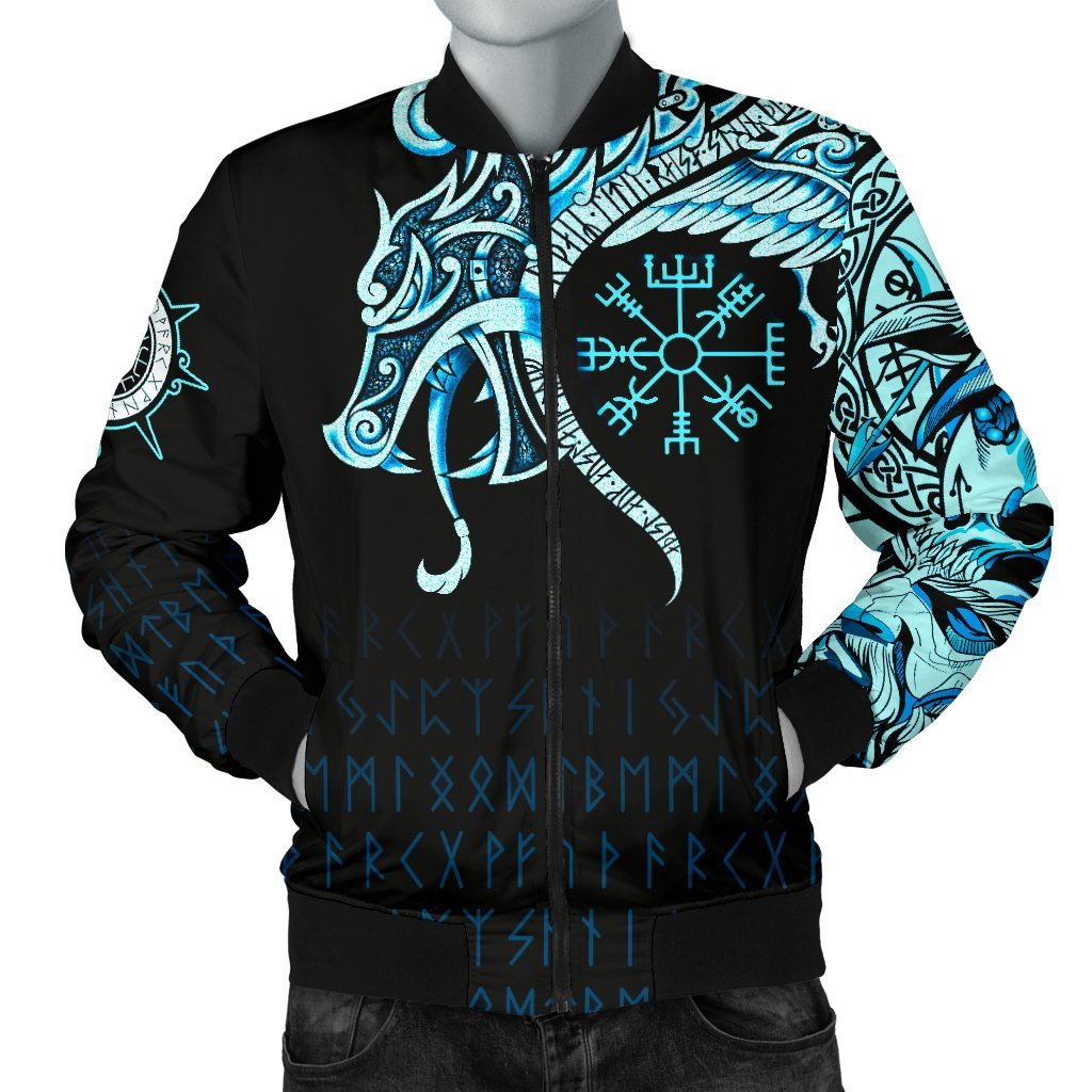 Viking Men's Bomber Jacket, Fenrir Raven and Vegvisir Tattoo Cyan RLT12 - Wonder Print Shop