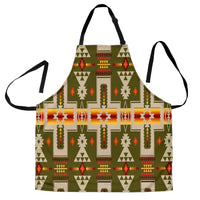 Native-style green apron with colorful geometric pattern and adjustable black neck strap