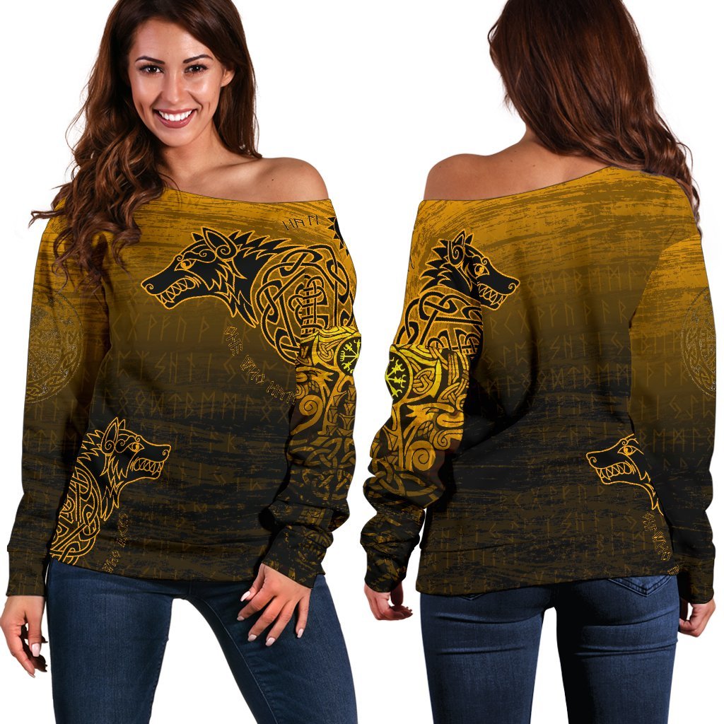 Viking Women's Off Shoulder Sweater, Skoll and Hati RLT12 - Wonder Print Shop