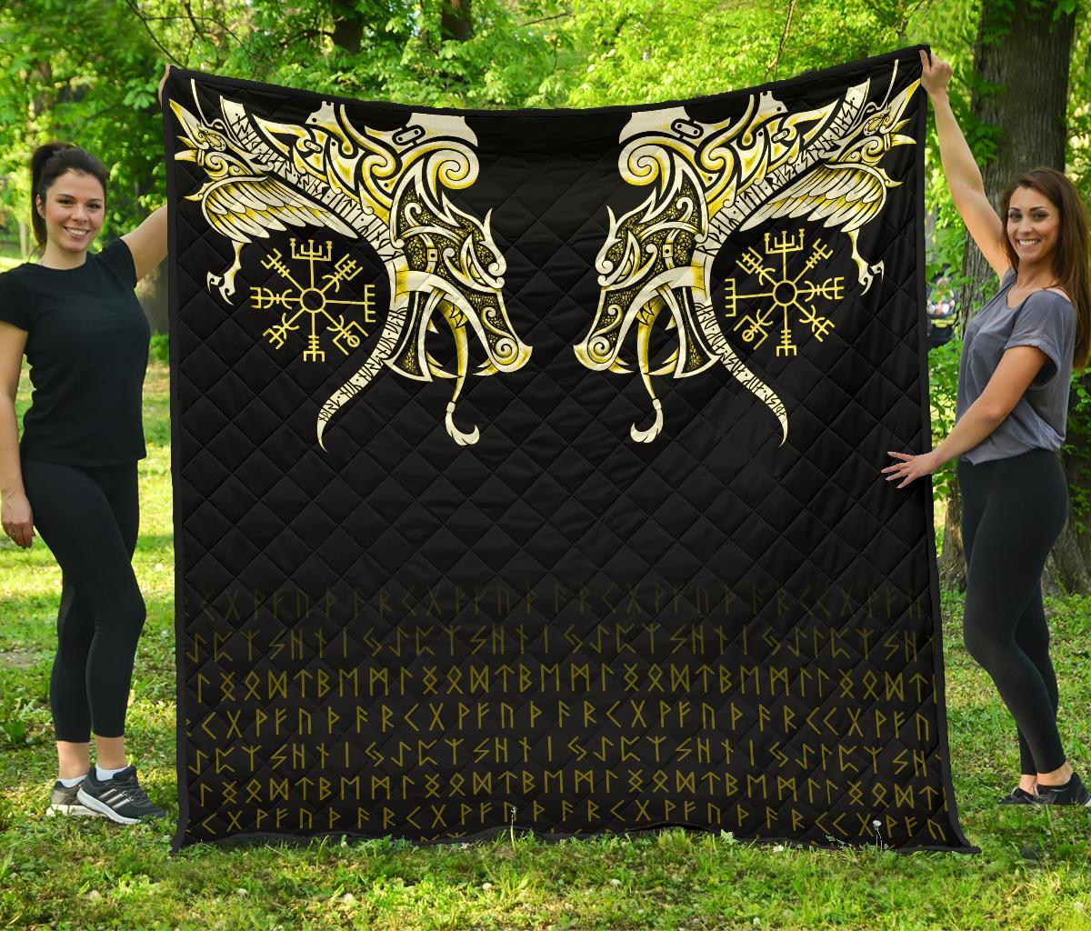 Viking Premium Quilt, Fenrir Raven and Vegvisir Tattoo Yellow RLT12 - Wonder Print Shop