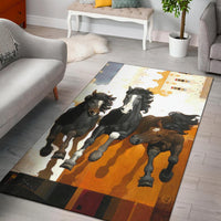 Multi-color horse graphic area rug with four running horses in orange, black, and white