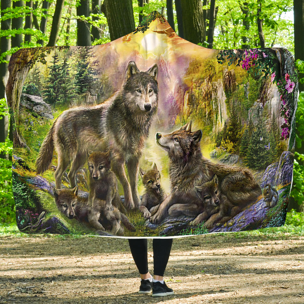 native-american-wolf-happiness-family-in-the-spring-forest-hooded-blanket