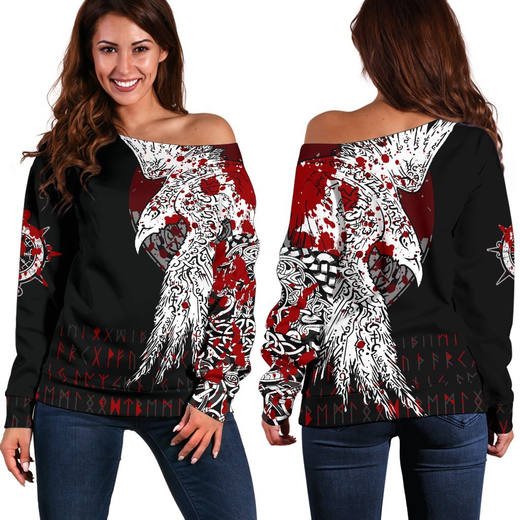Viking Women's Off Shoulder Sweater - Mystical Raven Tattoo Blood RLT12 - Wonder Print Shop