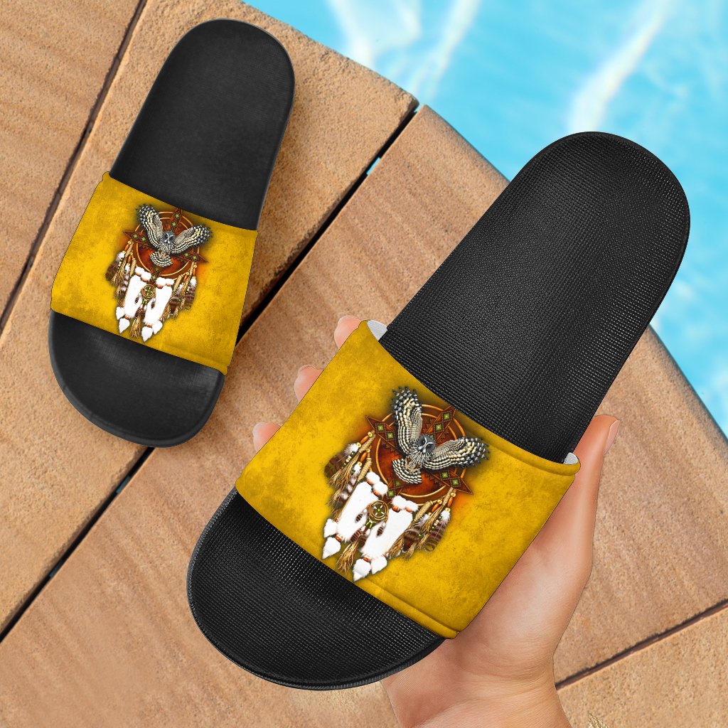 owl-yellow-native-american-slide-sandals